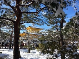 golden pavilion with snow